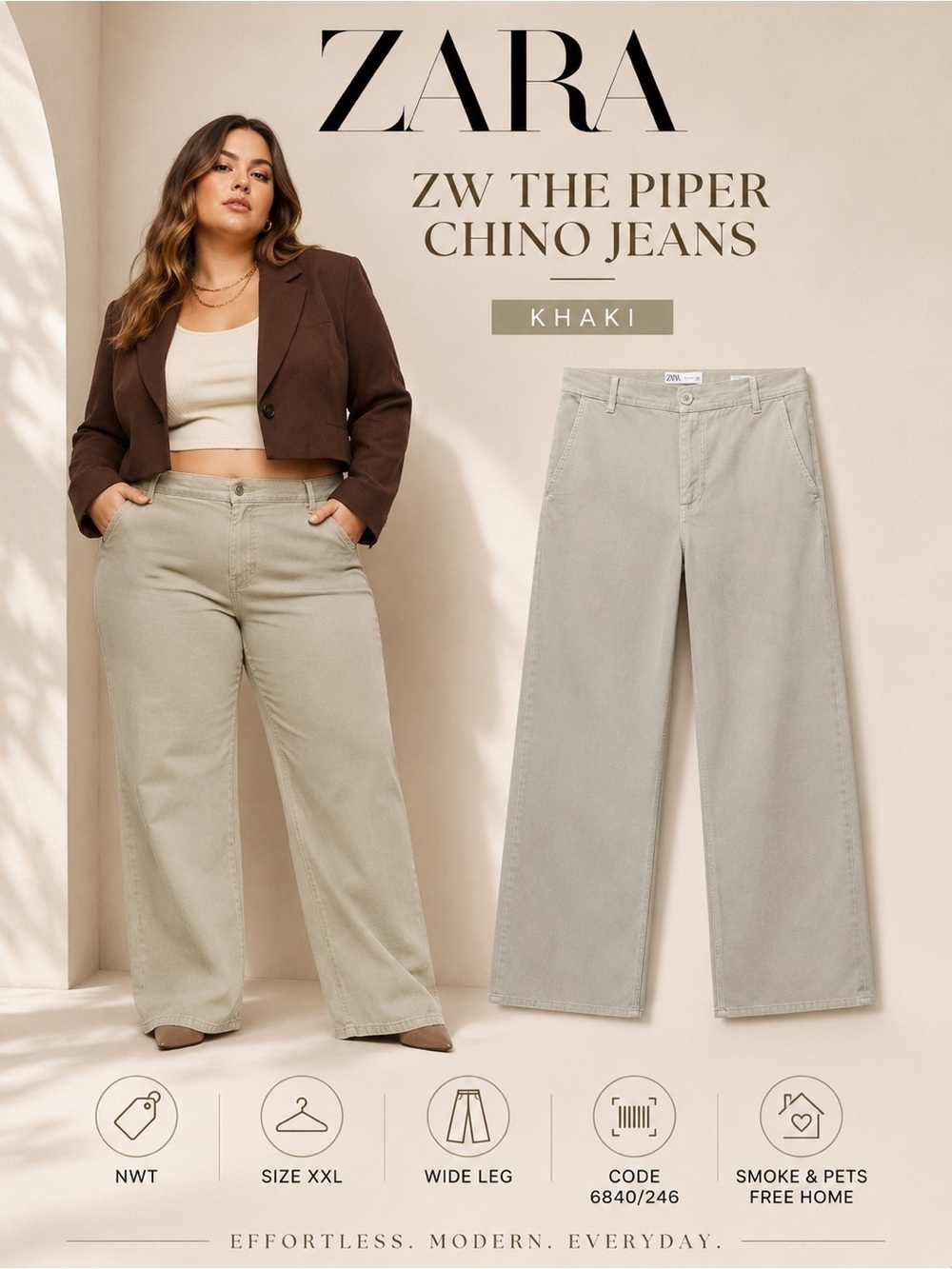 Zara ZW The Piper Chino Jeans Size XXL NWT Khaki Wide Leg High Rise Pants